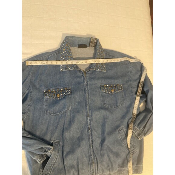 Vtg Y2K Denim Studded Jacket Rhinestones Blue Jean 1X Pockets OUT BROOK - Picture 5 of 11